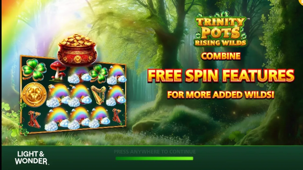 Captura de tela do slot Trinity Pots Rising Wilds, mostrando os rolos com símbolos irlandeses como potes de ouro, trevos e arco-íris, em um cenário verdejante.
