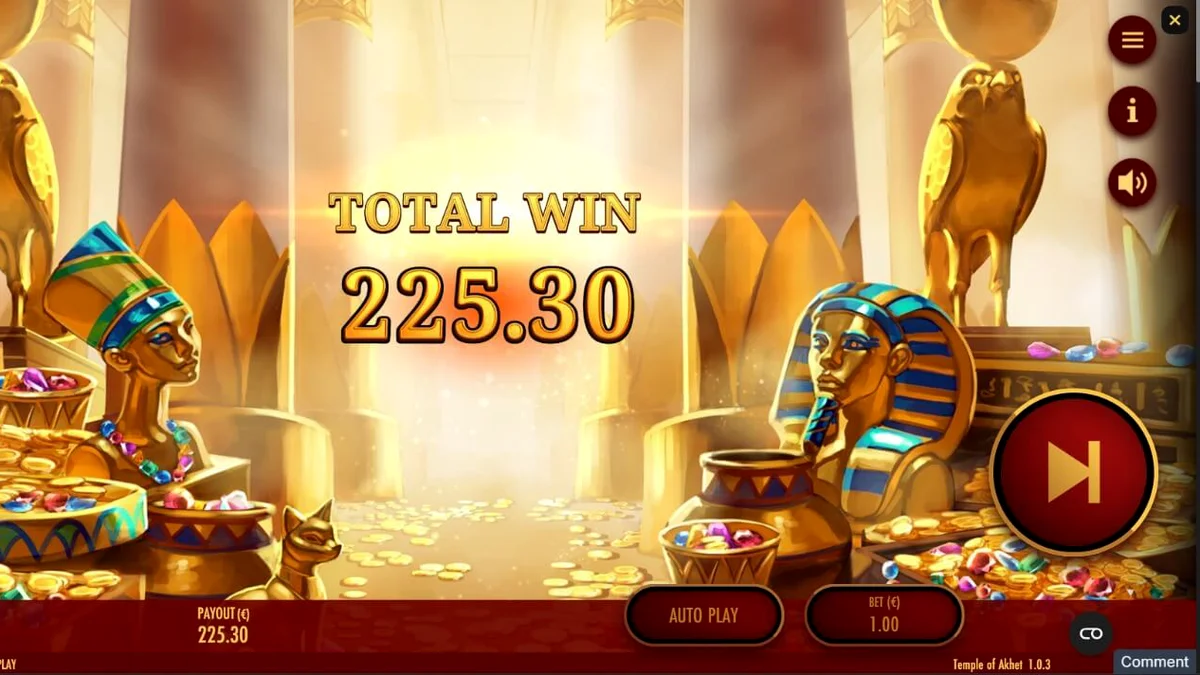 Interface do jogo de slot Temple of Akhet com elementos egípcios